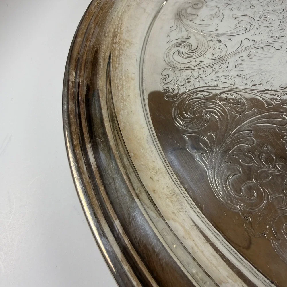 Sheridan‎ Silverplate Round Serving Tray Etched Floral Design with Handles 12in